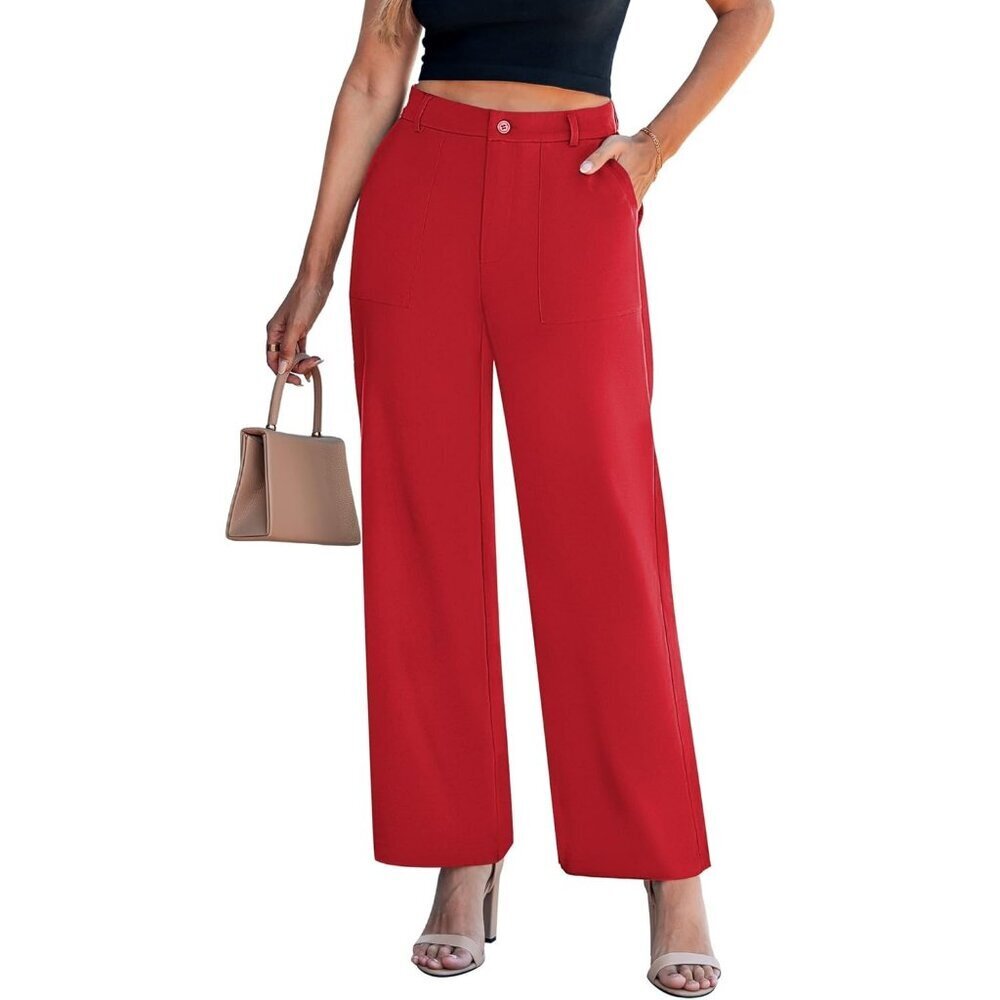 Women's Red Polyester Business Casual High Waisted Elastic Wide Leg Dress Pants